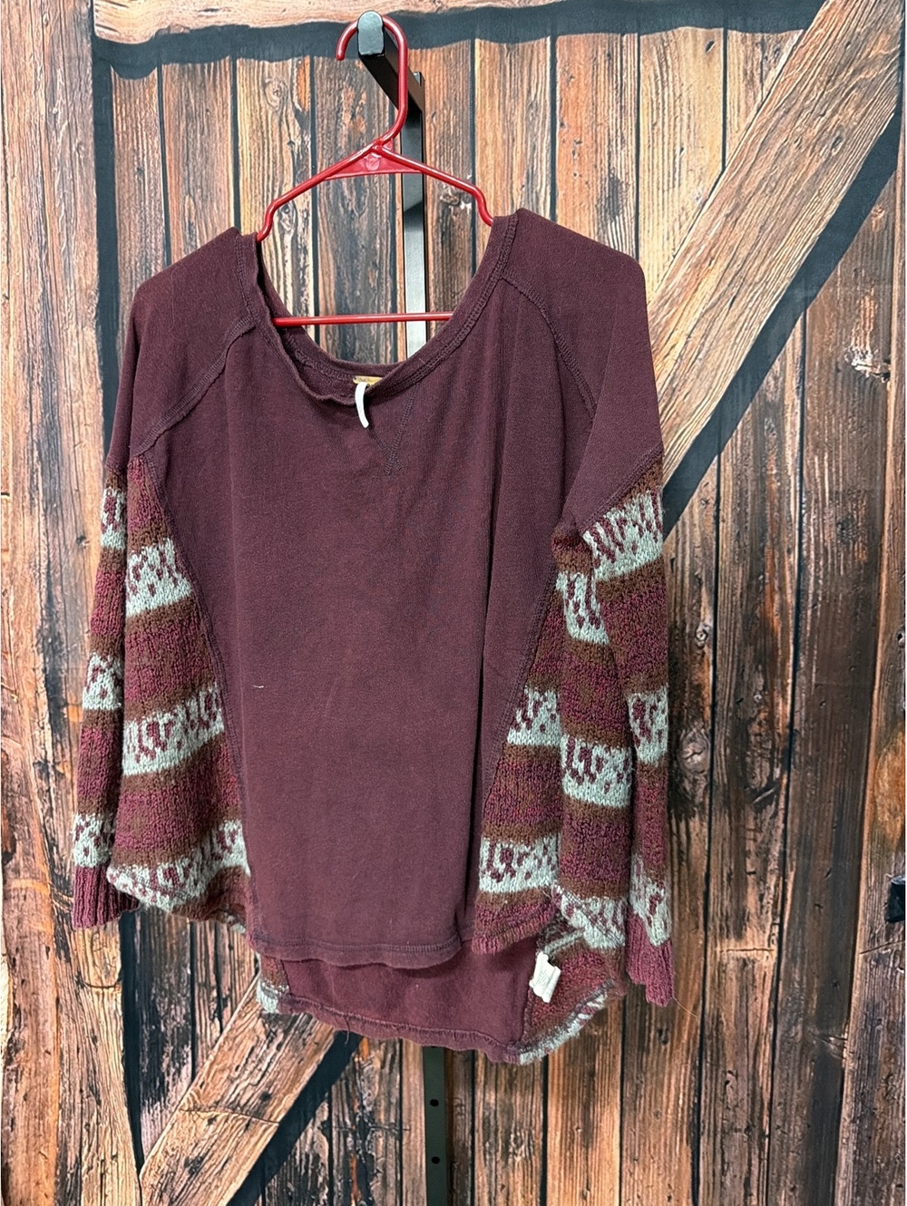 Free People Burgundy Pullover Sweater with Patterned Sleeves